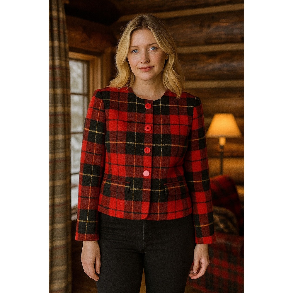 Chaus Wool Jacket Womens 8 Red Plaid Preppy Academia Button Front School Girl